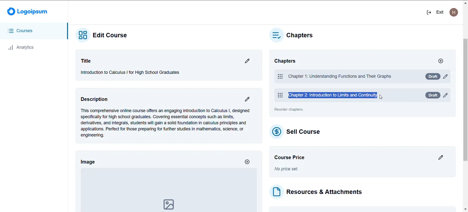 GenEd editor with editable course details and chapter drafts