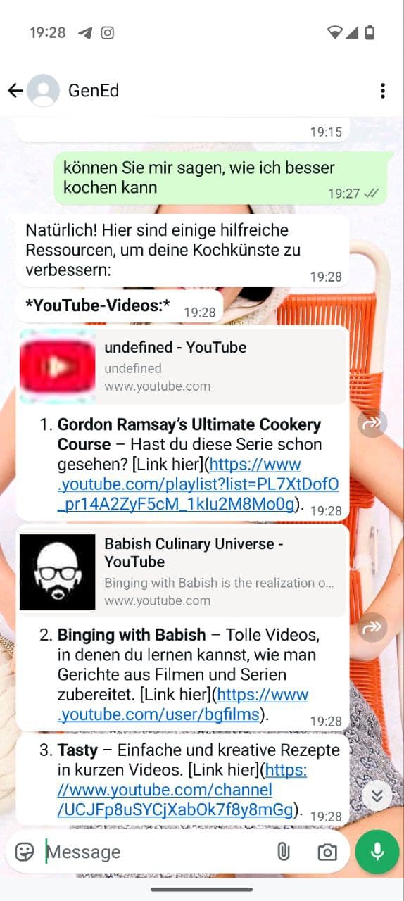 WhatsApp conversation with GenEd responding in German with cooking video resources