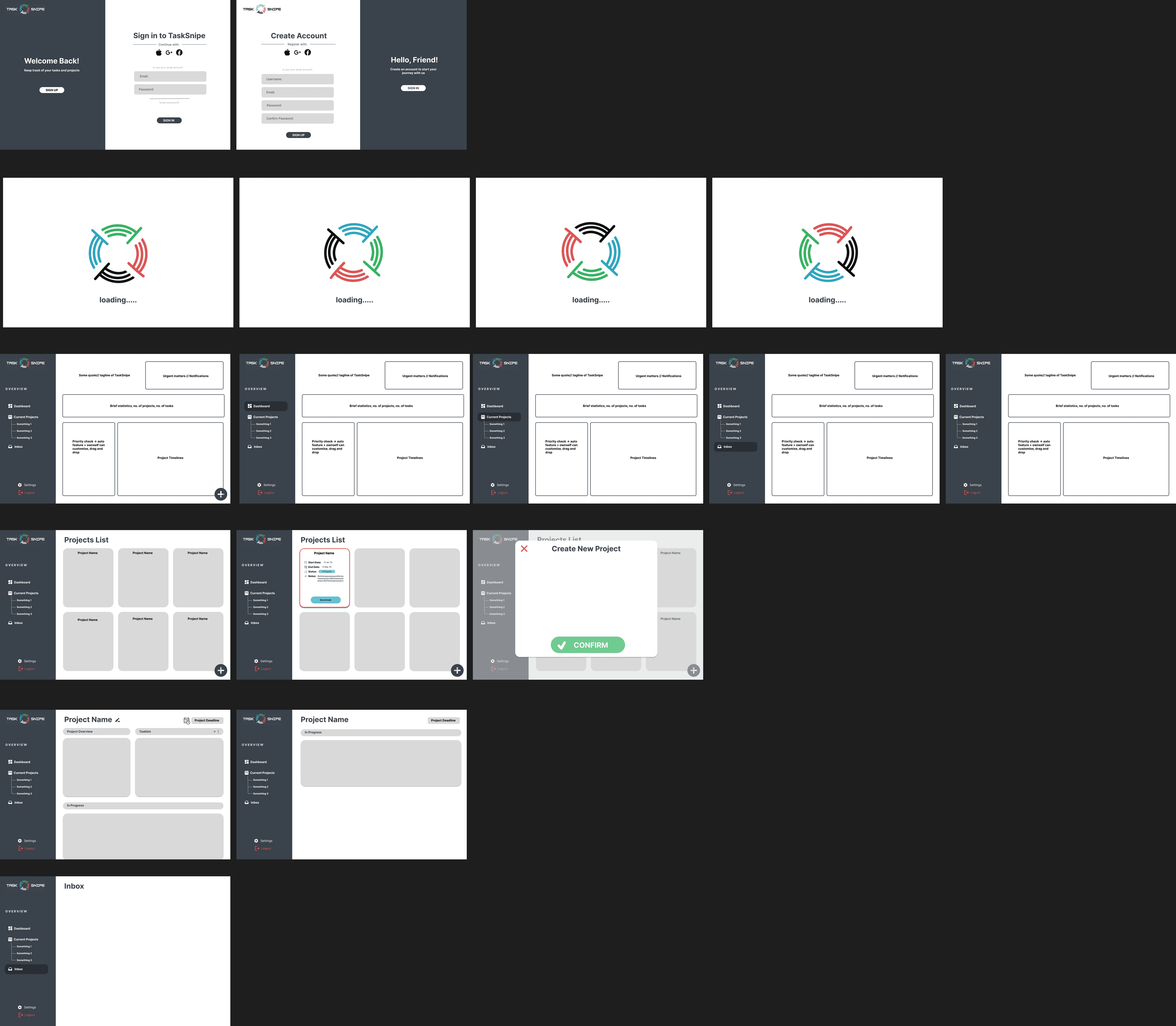 TaskSnipe interface explorations in Figma